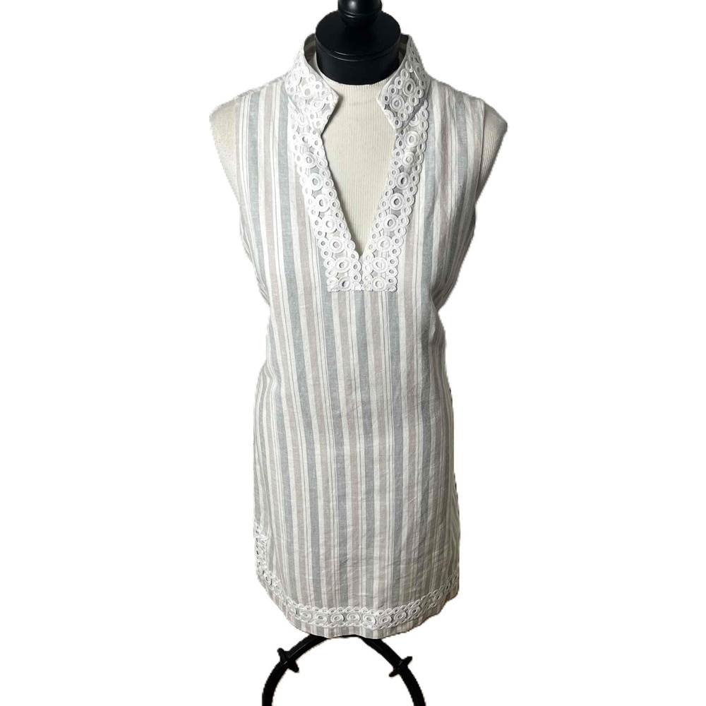 Eliza‎ J Multicolor Shift Dress Striped Sleeveless Lace Trim Linen Blend Size 8